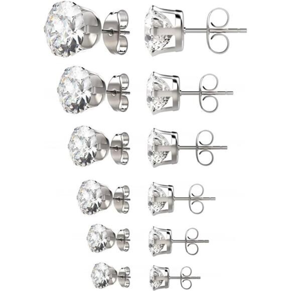 6 Pairs Stainless Steel Stud Earrings Set Hypoallergenic Cubic Zirconia Trendy